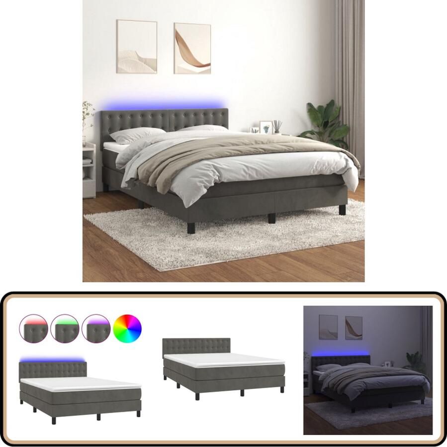 VidaXL Boxspring Fluweel LED 140x190 cm Boxspring Donkere Kleuren Velvet Led Lampen Verstelbare Hoofdbord