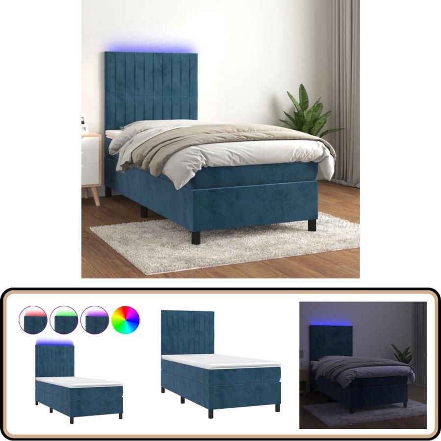 VidaXL Boxspring Fluweel LED 90x190 cm Donkerblauw Boxspring Bed Donkere Kleuren Lederlook Velvet Led Verlichting Pocketed Spring Mattress