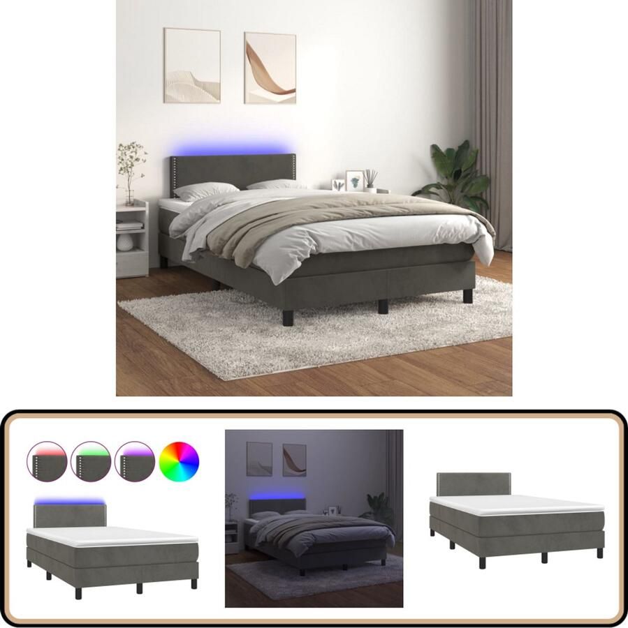 VidaXL Boxspring Fluweel LED Donkergrijs 120x200 cm Boxspring Fluweel Bed Donkere Grijze Boxspring Verstelbare Hoofdbord Led Lampje