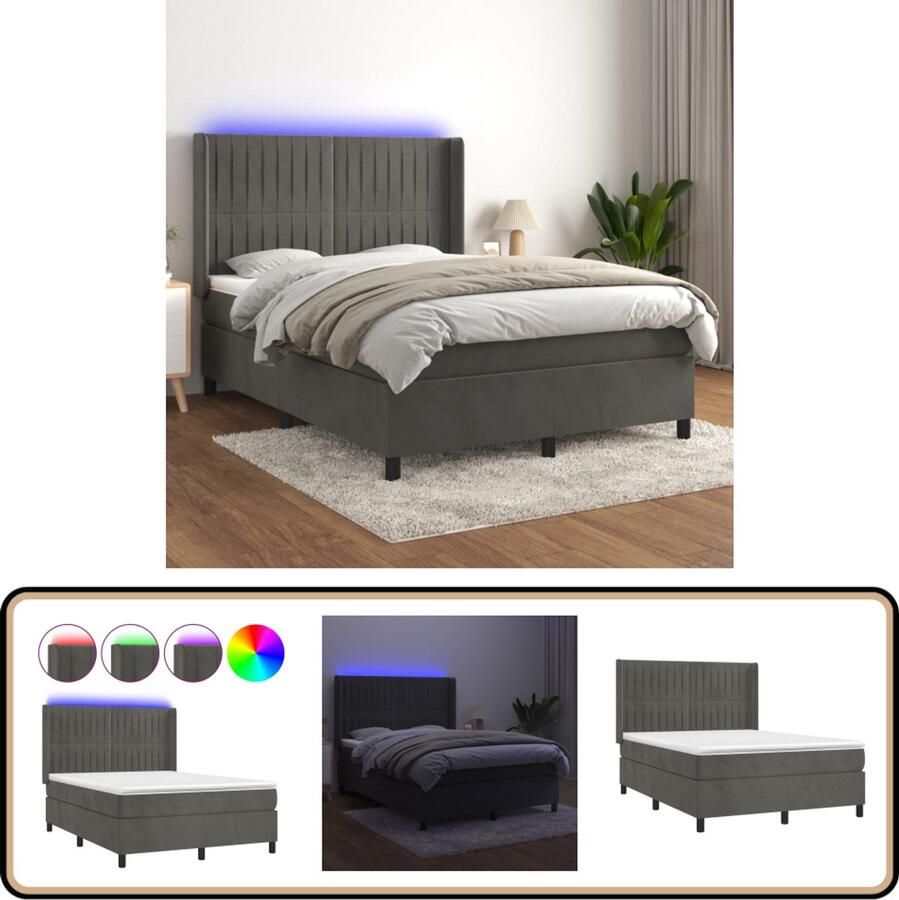 VidaXL Boxspring Fluweel LED Donkergrijs 140x190 cm Boxspring Bed Led Bed Velvet Bed Donkere Grijze Bed Slaapcomfort Pocketed Spring Mattress Adjustable Headboard Bedroom Furniture
