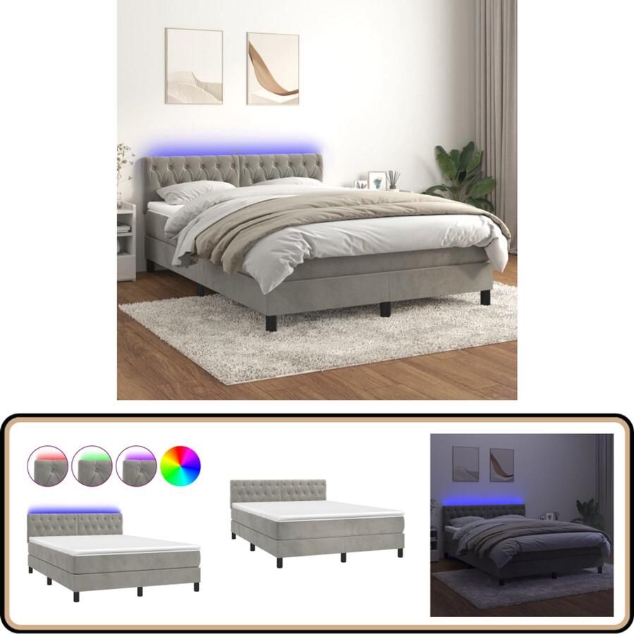 VidaXL Boxspring Fluweel LED Lichtgrijs 140x200 cm Boxspring Fluweel Bed Led Bed Tweepersoons Bed King Size Bed Slaapcomfort Bedroom Decor Modern Bed Frame