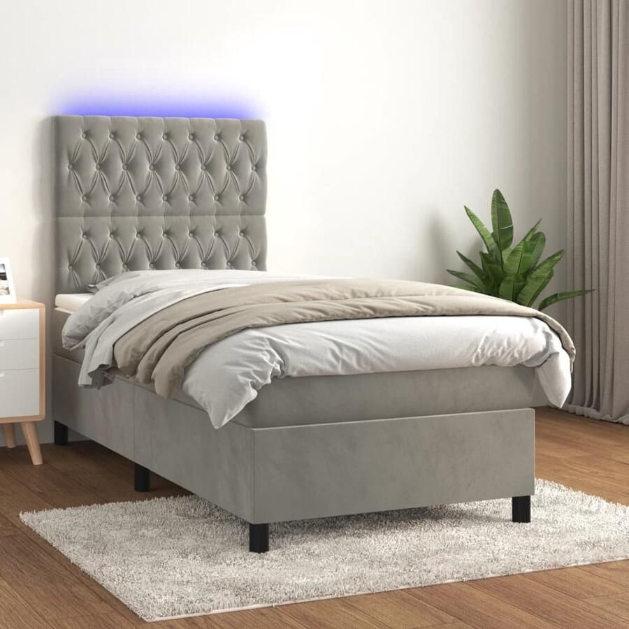 VidaXL Boxspring Fluweel LED Lichtgrijs 90x200 cm Boxspring Led Bed Velvet Bed Tweepersoons Bed Slaapcomfort Slaapkamers - Foto 2