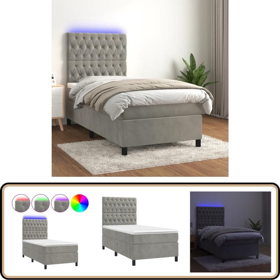 VidaXL Boxspring Fluweel LED Lichtgrijs 90x200 cm Boxspring Led Bed Velvet Bed Tweepersoons Bed Slaapcomfort Slaapkamers