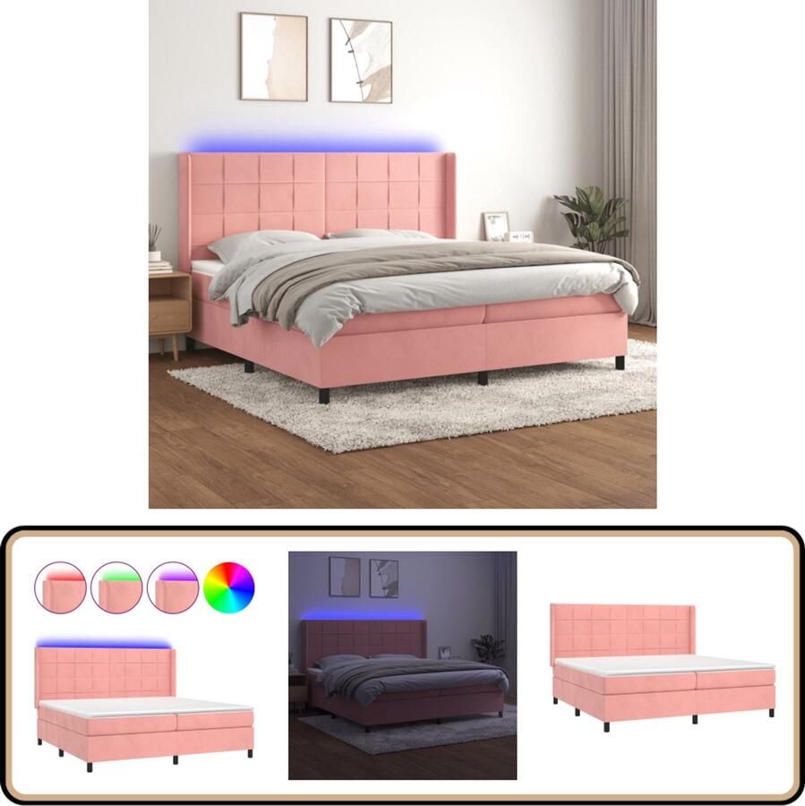 VidaXL Boxspring Fluweel LED Roze 200x200 cm Boxspring Led Bed Fluweel Bed Verstelbare Hoofdbord Pocketveer Matras Rosé Bed
