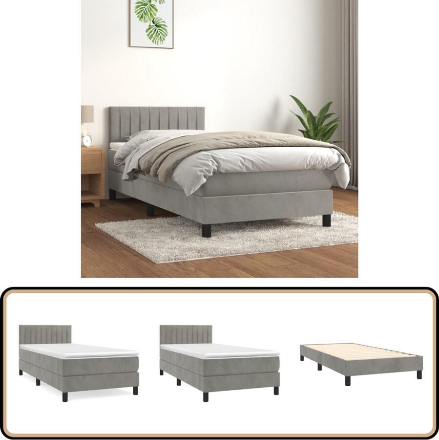 VidaXL Boxspring met matras Fluweel Lichtgrijs 80x200 cm Boxspringbed Tweepersoonsbed Velvet Bed Adjustable Headboard Pocketed Spring Mattress Medium Firm Mattress
