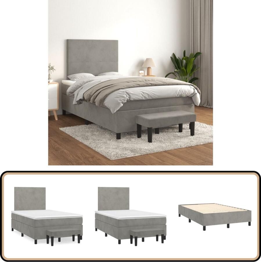 VidaXL Boxspring Fluweel Lichtgrijs 120x200 cm Boxspringbed Fluweel Bed Tweepersoons Bed King Size Bed Hoofdbord Pocketveer Matras Middenhard Matras Multifunctionele Bank