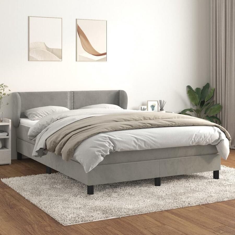 VidaXL Boxspring Fluweel Lichtgrijs 140x190 cm Boxspringbed Boxspring Tweepersoonsbed Velvet Bed Grijs Bed Luxe Bed Adjustable Headboard Pocketveer Matras Middelhard Matras Slaapkamer Meubilair - Foto 2