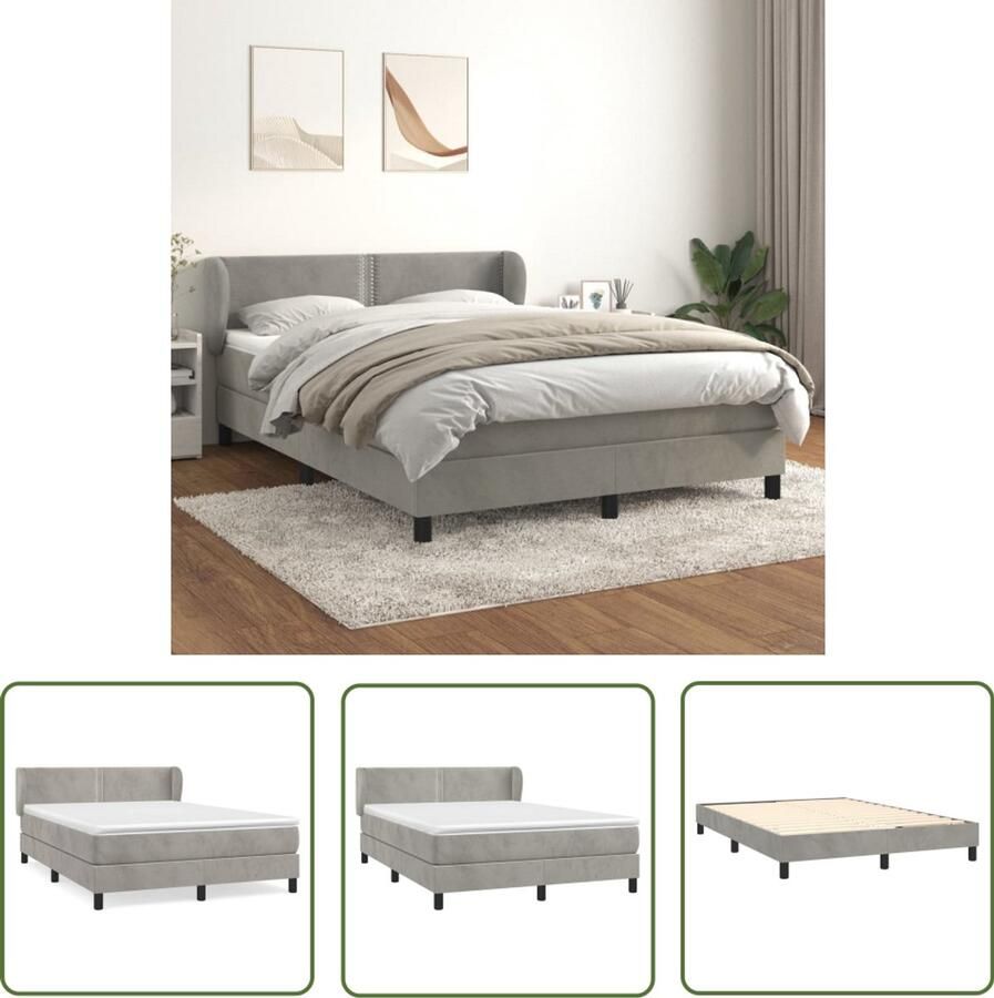 VidaXL Boxspring Fluweel Lichtgrijs 140x190 cm Boxspringbed Boxspring Tweepersoonsbed Velvet Bed Grijs Bed Luxe Bed Adjustable Headboard Pocketveer Matras Middelhard Matras Slaapkamer Meubilair