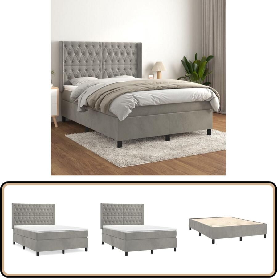VidaXL Boxspring Fluweel Lichtgrijs 140x190 cm Boxspringbed Boxsprings Tweepersoonsbed Slaapkamerinrichting Velvet Bed
