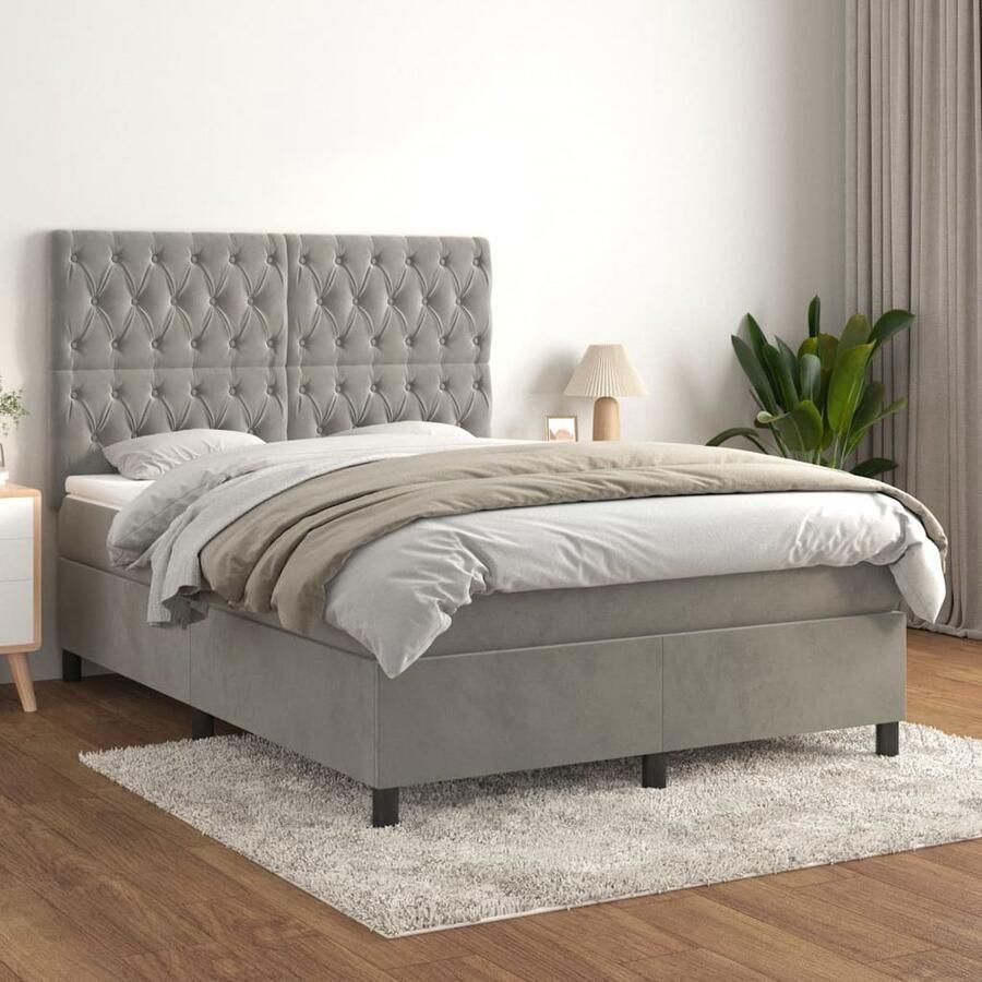 VidaXL Boxspring Lichtgrijs 140x200 cm Inclusief Matras Boxspringbed Boxspring Tweepersoonsbed Fluweel Bed Adjustable Headboard Pocketveer Matras Medium Firm Mattress Bedroom Furniture - Foto 2