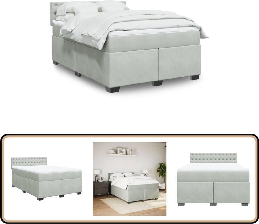 VidaXL Boxspring Fluweel Lichtgrijs 140x190 cm Boxspringbed Fluweel Bed Tweepersoonsbed Slaapkamer Meubilair Grijs Bed