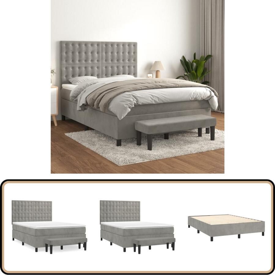 VidaXL Boxspring Fluweel Lichtgrijs 140x190 cm Boxspringbed Fluweel Bed Verstelbare Hoofdbord Pocketvering Matras Middenhard Matras Multifunctionele Bank