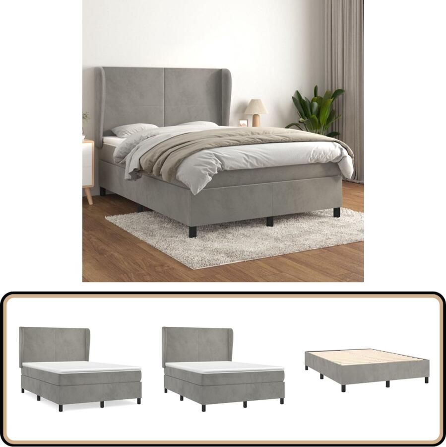 VidaXL Boxspring Fluweel Lichtgrijs 140x190 cm Boxspringbed Slaapcomfort Velvet Bed Tweepersoonsbed Groot Bed
