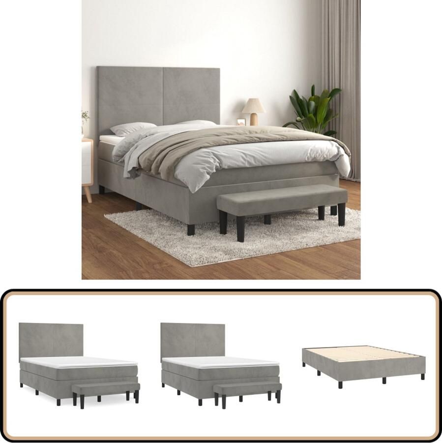 VidaXL Boxspring Fluweel Lichtgrijs 140x190 cm Boxspringbed Tweepersoonsbed Fluweel Bed Grijs Bed Pocketed Spring Mattress