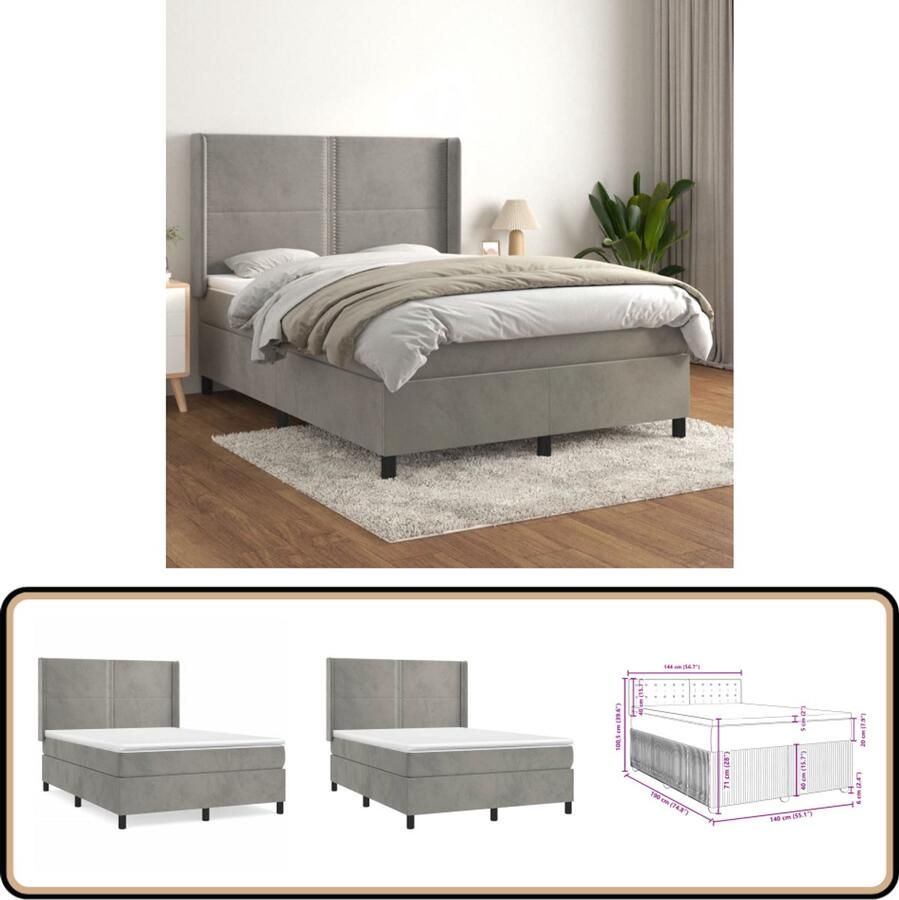 VidaXL Boxspring Fluweel Lichtgrijs 140x200 cm Boxspringbed Boxsprings Tweepersoonsbed Velvet Bed Grijs Bed Slaapkamer Meubilair