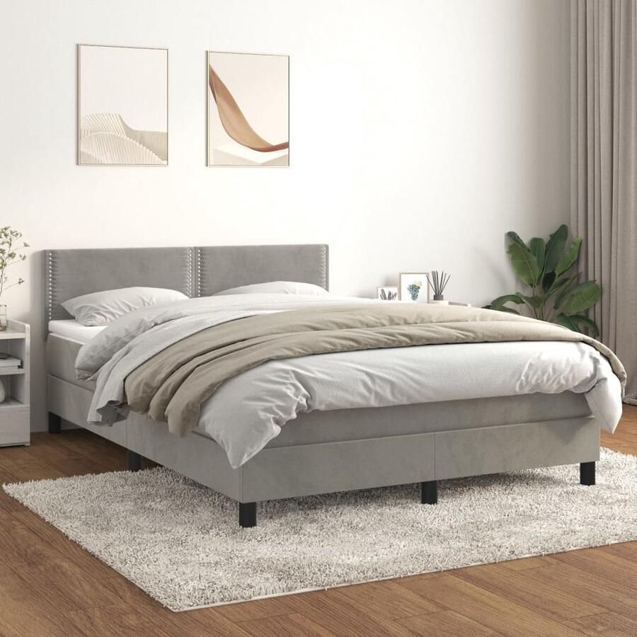 VidaXL Boxspring Fluweel Lichtgrijs 140x200 cm Boxspringbed Fluweel Bed Pocketveer Matras Middelhard Matras Tweepersoons Bed Slaapkamer Meubilair - Foto 2