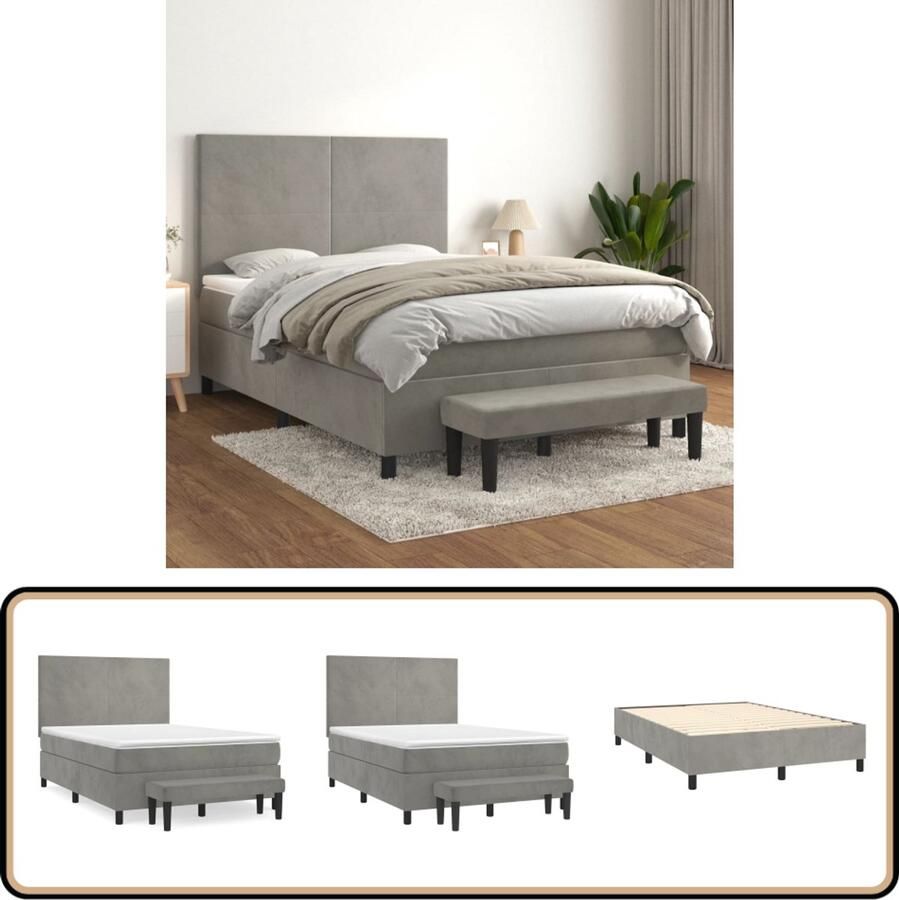 VidaXL Boxspring Fluweel Lichtgrijs 140x200 cm Boxspringbed Fluweel Bed Pocketveer Matras Middenhard Matras Tweepersoons Bed
