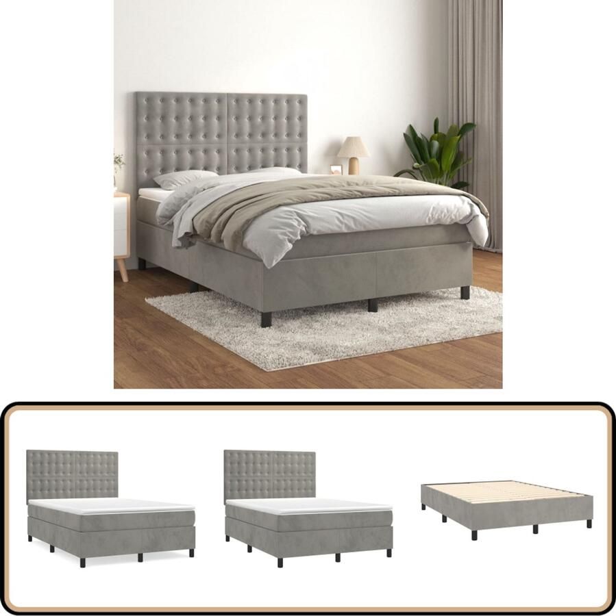 VidaXL Boxspring Fluweel Lichtgrijs 140x200 cm Boxspringbed Fluweel Bed Tweepersoonsbed Hoofdbord Pocketveer Matras