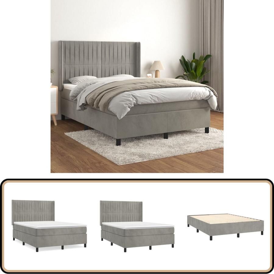 VidaXL Boxspring Fluweel Lichtgrijs 140x200 cm Boxspringbed Velvet Bed Tweepersoons Bed Slaapkamer Meubilair Luxe Bed Pocketed Spring Mattress Adjustable Headboard