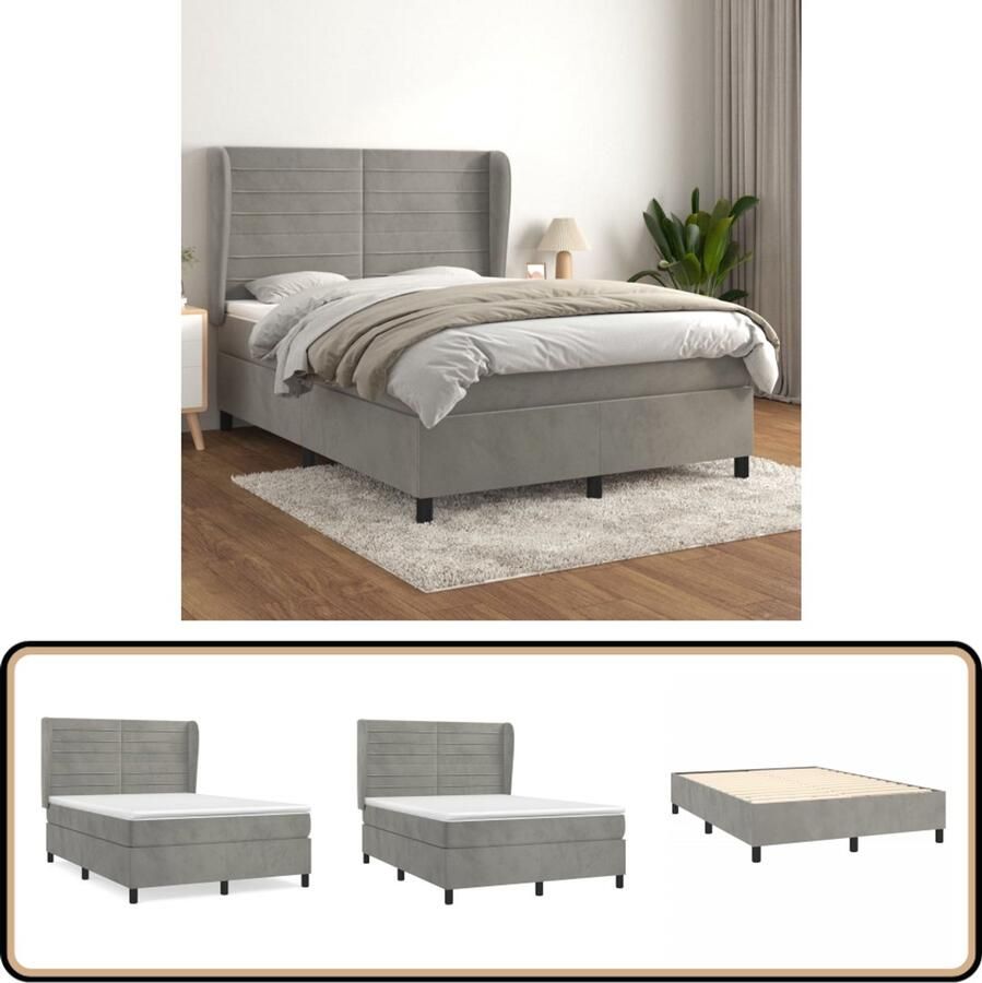 VidaXL Boxspring Fluweel Lichtgrijs 140x200 cm Boxspringbed Vlinder Bed Tweepersoonsbed Velvet Bed Grijs Bed Pocketveer Matras Middelhard Matras