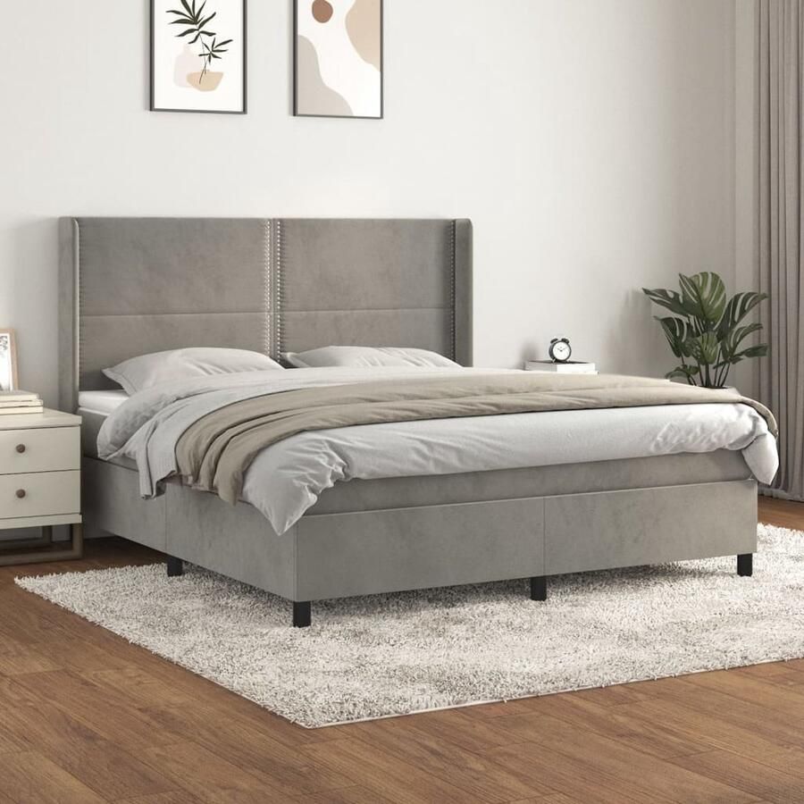 VidaXL Boxspring Fluweel Lichtgrijs 160x200 cm Boxspringbed Boxspring Tweepersoonsbed Velvet Bed Larikshout Bed Pocketveer Matras Middelhard Matras Slaapkamer Meubilair - Foto 2