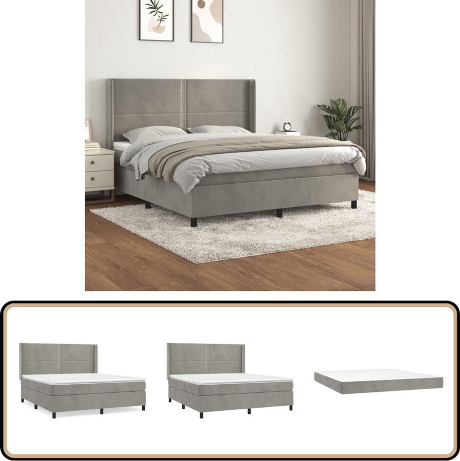 VidaXL Boxspring Fluweel Lichtgrijs 160x200 cm Boxspringbed Boxspring Tweepersoonsbed Velvet Bed Larikshout Bed Pocketveer Matras Middelhard Matras Slaapkamer Meubilair