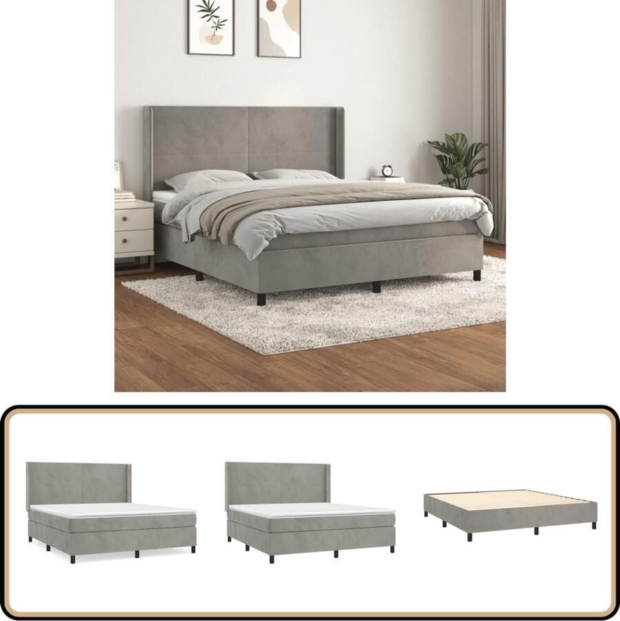 VidaXL Boxspring Fluweel Lichtgrijs 160x200 cm Boxspringbed Fluweel Bed Tweepersoonsbed Pocketveer Matras Middenhard Matras