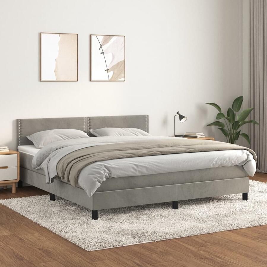 VidaXL Boxspring Fluweel Lichtgrijs 160x200 cm Boxspringbed Slaapcomfort Velvet Bed Tweepersoonsbed Groot Bed Grijs Bed Stapelbare Bedden - Foto 3