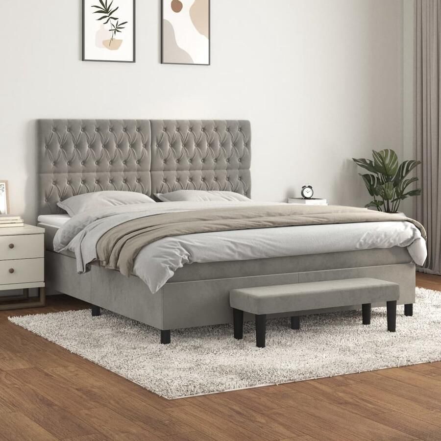 VidaXL Boxspring Fluweel Lichtgrijs 180x200 cm Boxspringbed Pocketvering Tweepersoonsbed Zitzitting Velvet Grijs Hoofdbord Adjustable Headboard Middenhard - Foto 3