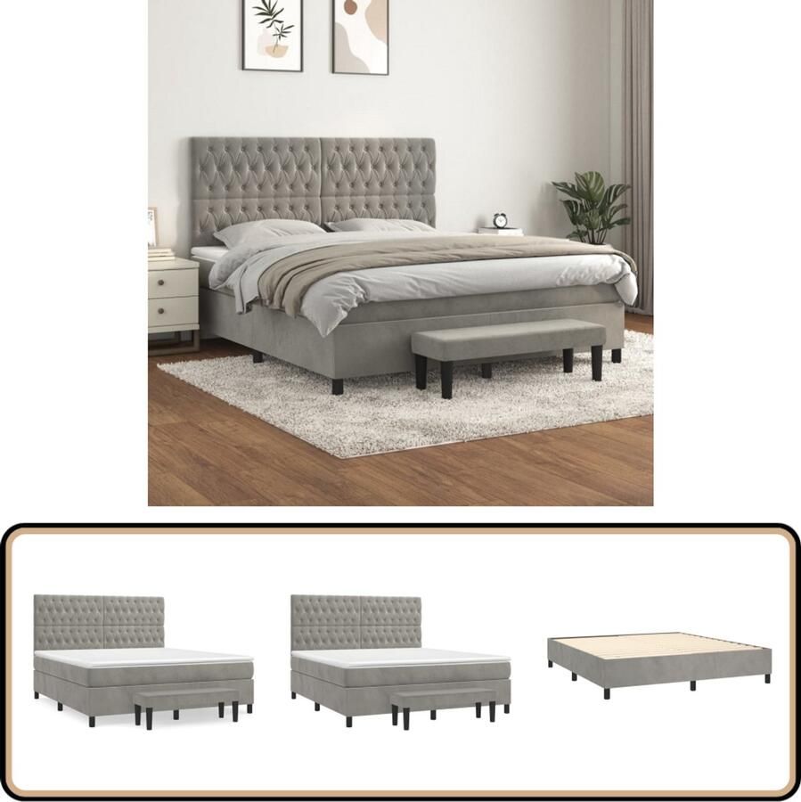 VidaXL Boxspring Fluweel Lichtgrijs 180x200 cm Boxspringbed Pocketvering Tweepersoonsbed Zitzitting Velvet Grijs Hoofdbord Adjustable Headboard Middenhard