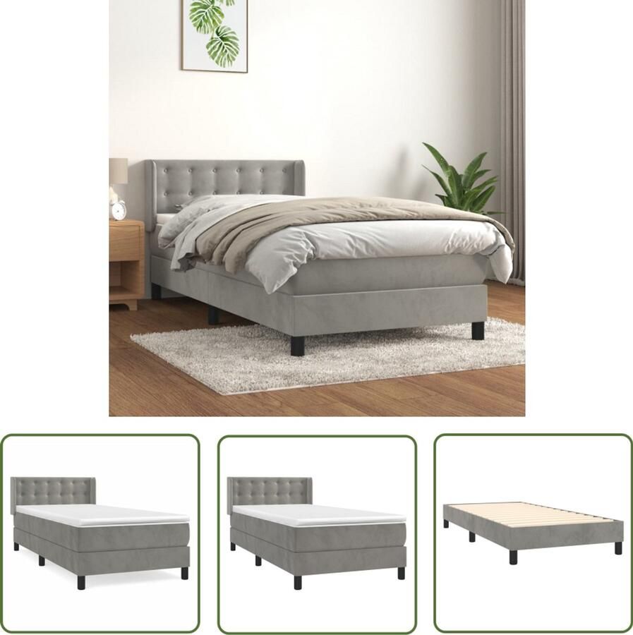 VidaXL Boxspring Fluweel Lichtgrijs 80x200 cm Boxspringbed Fluweel Bed Boxspring Tweepersoonsbed Middenhard Matras Pocketed Veren Grijs Bed