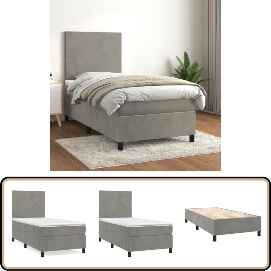 VidaXL Boxspring Fluweel Lichtgrijs 80x200 cm Boxspringbed Fluweel Bed Hoofdbord Pocketveer Matras Middelhard Matras
