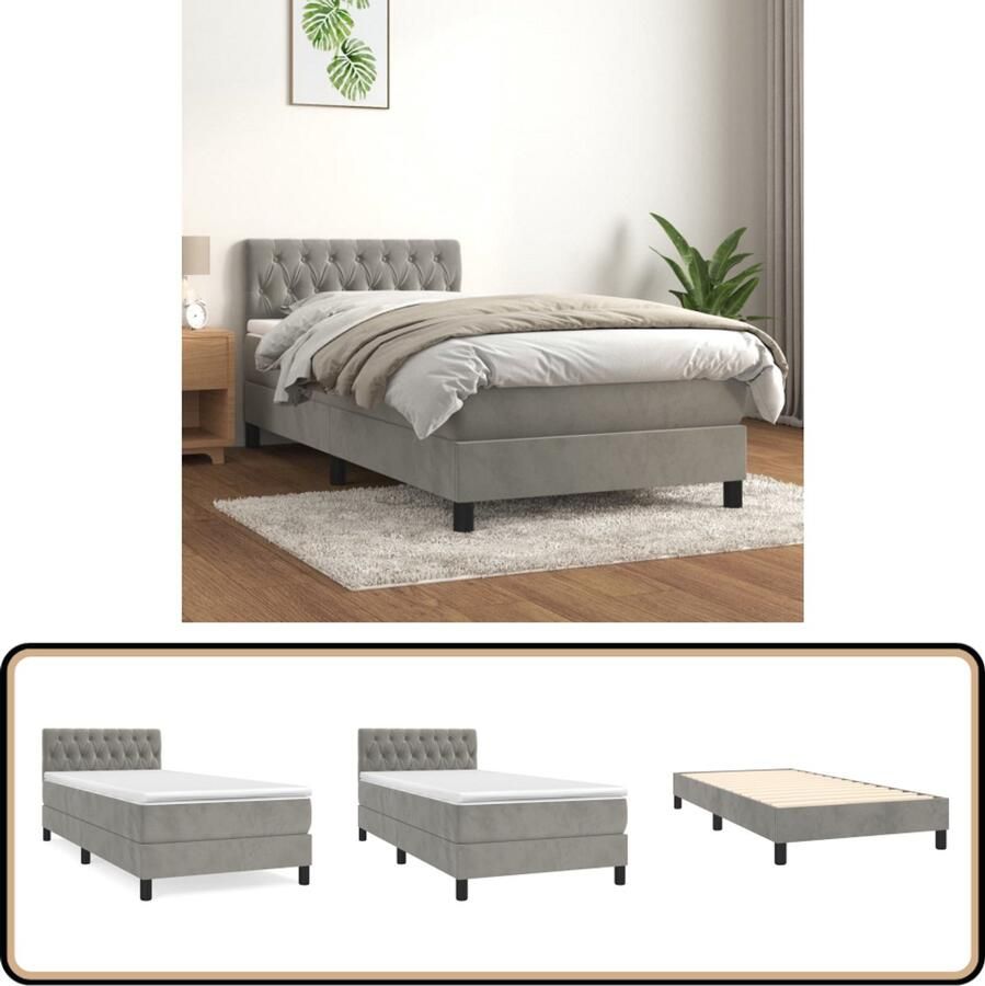 VidaXL Boxspring Fluweel Lichtgrijs 90x190 cm Boxspringbed Slaapcomfort Boxspring Tweepersoonsbed Velvet Bed Grijs Bed Luxe Bed Pocketed Spring Mattress