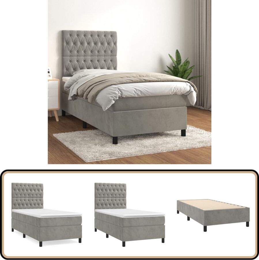 VidaXL Boxspring Fluweel Lichtgrijs 90x200 cm Boxspringbed Boxspring Tweepersoonsbed Fluweel Bed Zachte Bedding Middenhard Matras Pocketed Veren Hoofdbord Grijs Bed
