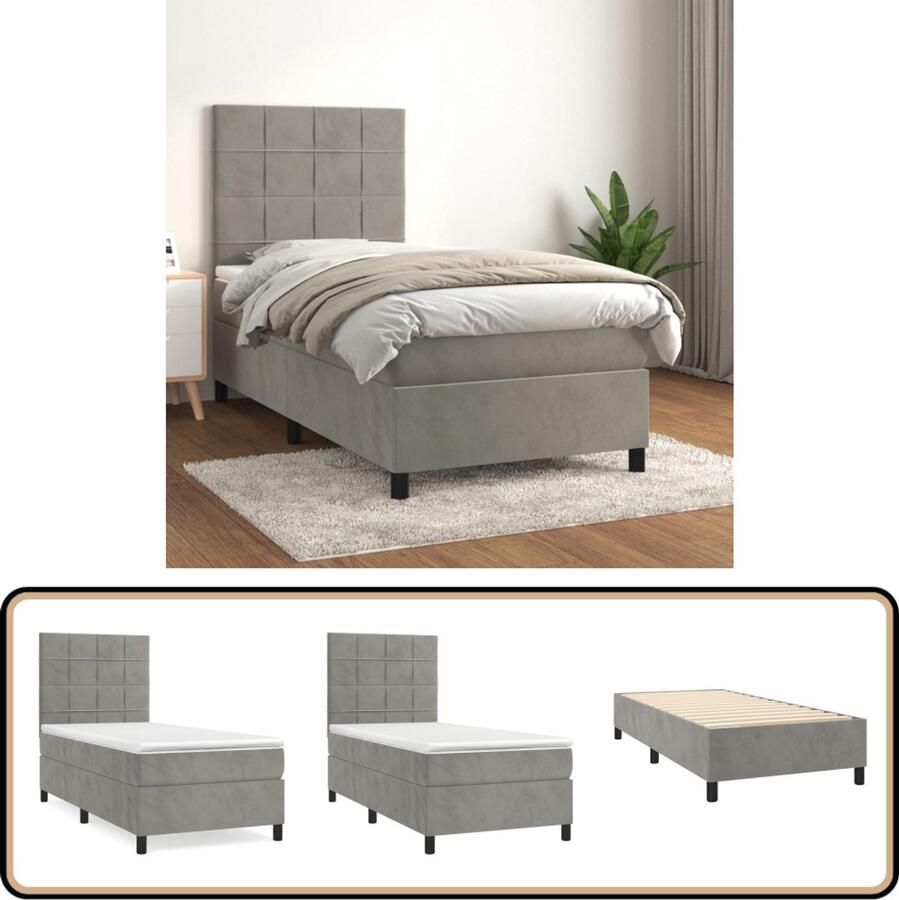 VidaXL Boxspring Fluweel Lichtgrijs 90x200 cm Boxspringbed Boxsprings Tweepersoonsbed Velvet Bed Grijs Bed Adjustable Headboard Pocketveer Matras Medium Firm Mattress