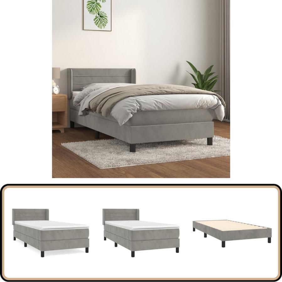 VidaXL Boxspring met Matras Fluweel Lichtgrijs 80x200 cm Boxspringbed Fluweel Bed Hoofdbord Pocketveer Matras Middelhard Matras Grijs Bed