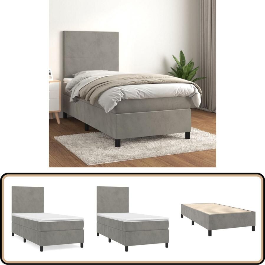 VidaXL Boxspring Fluweel Lichtgrijs 90x200 cm Boxspringbed Luxe Bed Tweepersoonsbed Velvet Bed Grijs Bed