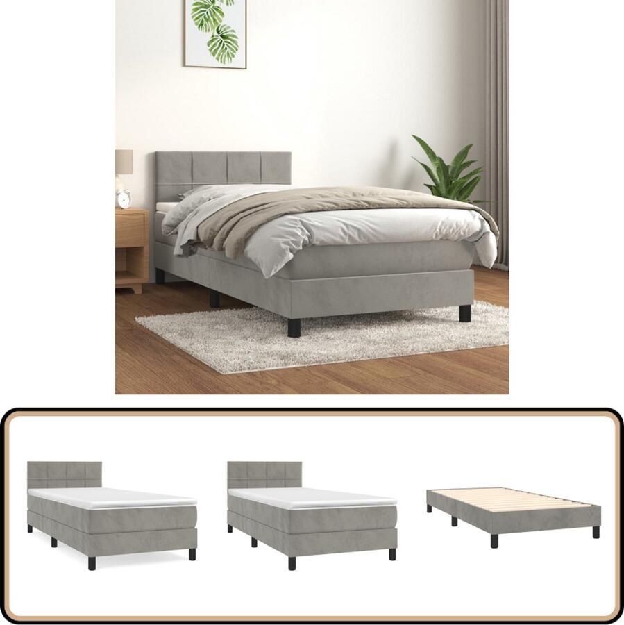 VidaXL Boxspring Fluweel Lichtgrijs 90x200 cm Boxspringbed Tweepersoonsbed Fluweel Bed Grijs Bed Pocketed Spring Mattress