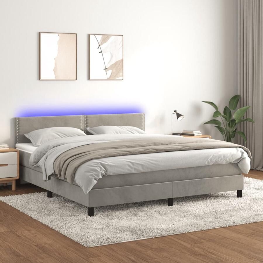 VidaXL Boxspring Fluweel Lichtgrijs LED 180x200cm Boxspring Fluweel Bed Led Verlichting Tweepersoons Bed King Size Bed Slaapcomfort Luxe Bed Slaapkamers - Foto 2