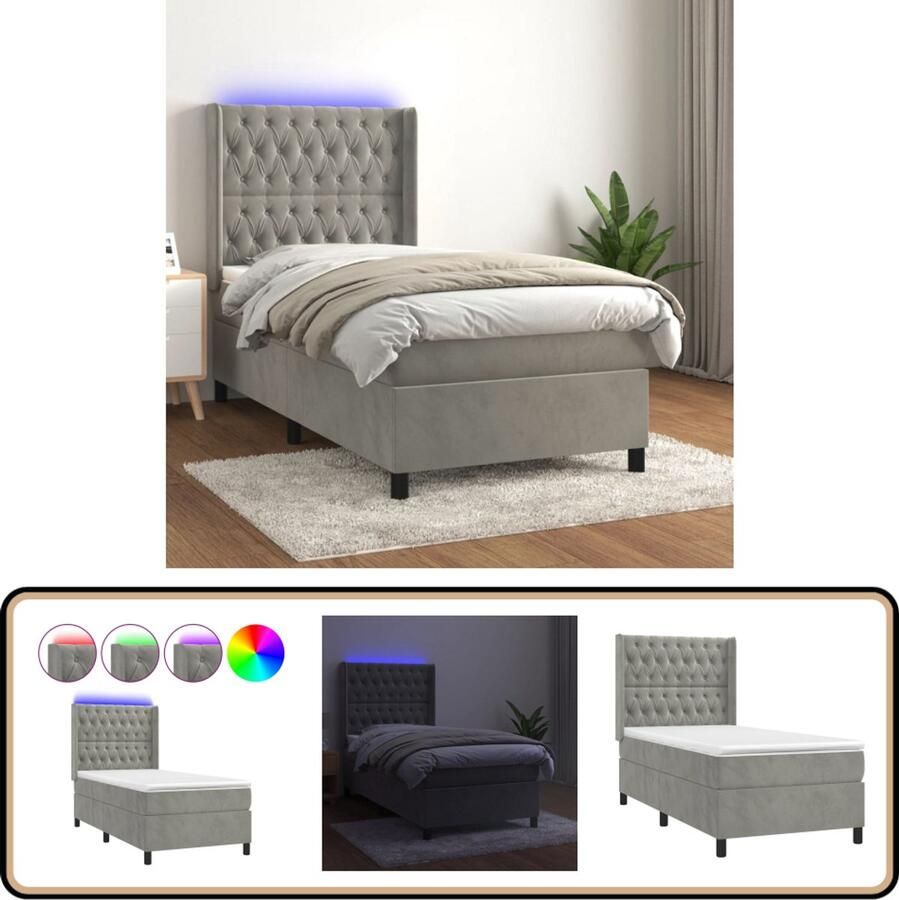 VidaXL Boxspring Fluweel Lichtgrijs LED 90x190 cm Boxspring Led Bed Velvet Bed Grijs Bed Tweepersoonsbed