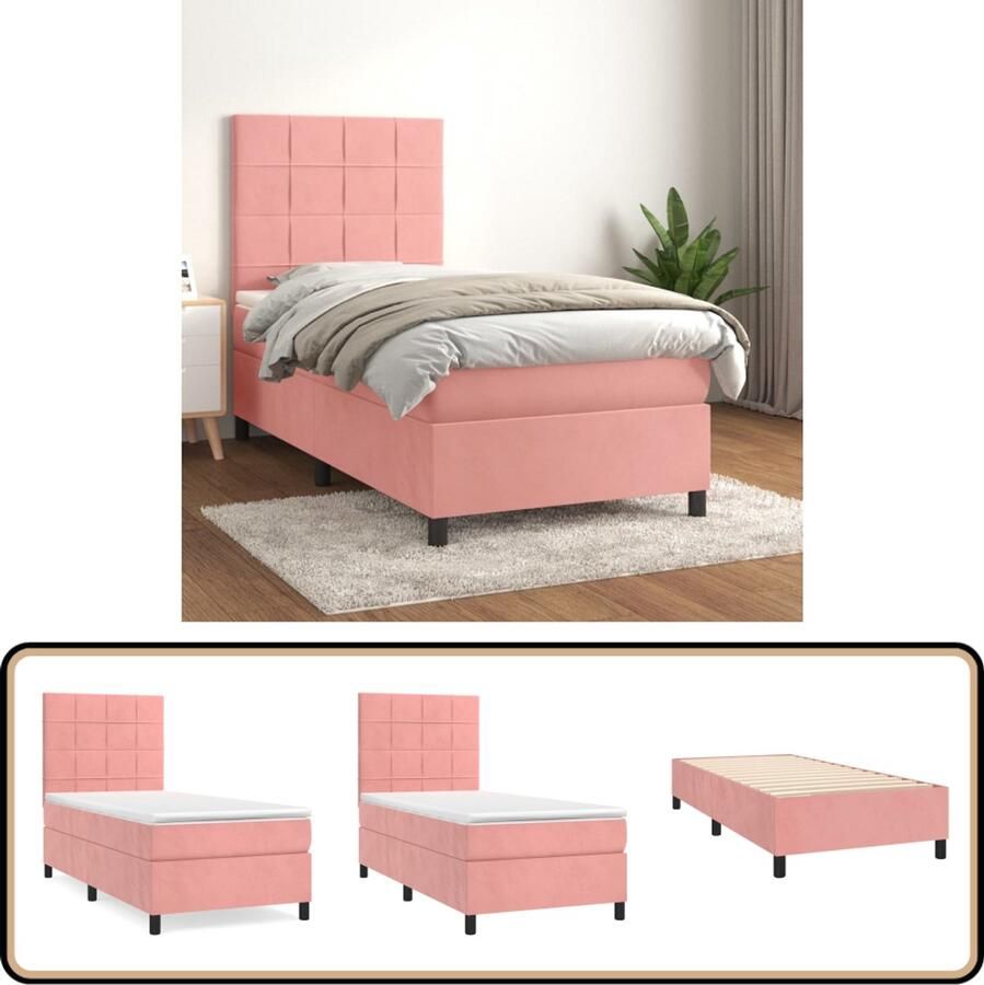 VidaXL Boxspring Fluweel Roze 100x200 cm Boxspring Tweepersoonsbed Velvet Bed Roze Bed Pocketed Spring Mattress Adjustable Headboard