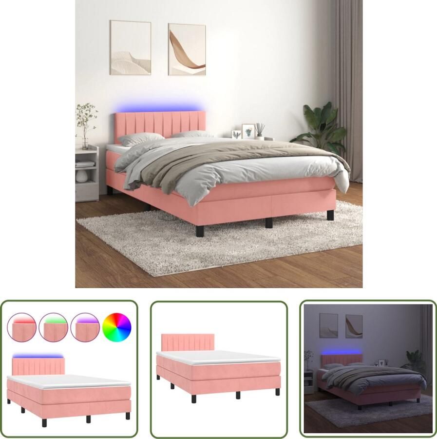 VidaXL Boxspring Fluweel Roze 120x200 cm Inclusief LED Boxspring Bed Fluweel Bed Rozerood Bed Led Bed Tweepersoons Bed Slaapcomfort King Size Bed