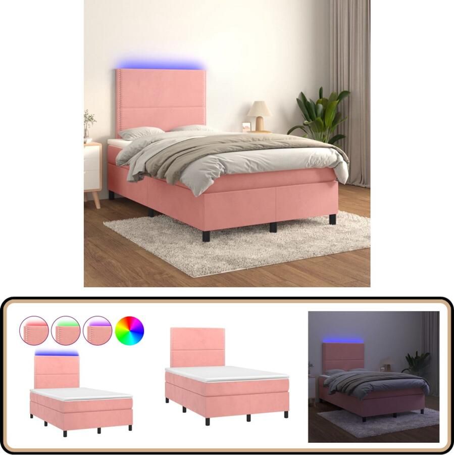 VidaXL Boxspring Fluweel Roze 120x200 cm LED Boxspring Slaapcomfort Velvet Bed Rooskleurig Bed Tweepersoonsbed Led Lampje