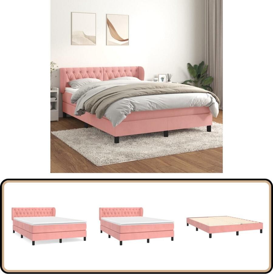 VidaXL Boxspring Fluweel Roze 140x190 cm Boxspringbed Fluweel Bed Rooskleurig Bed Tweepersoonsbed Boxspring Pocketveer Matras Middelhard Matras