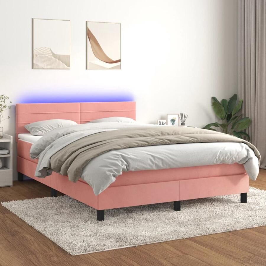 VidaXL Boxspring Fluweel Roze 140x190 cm LED Boxspring Bed Rozenkleurig Bed Velvet Bed Led Bed Slaapcomfort Pocketveer Matras Hoofdbord - Foto 2