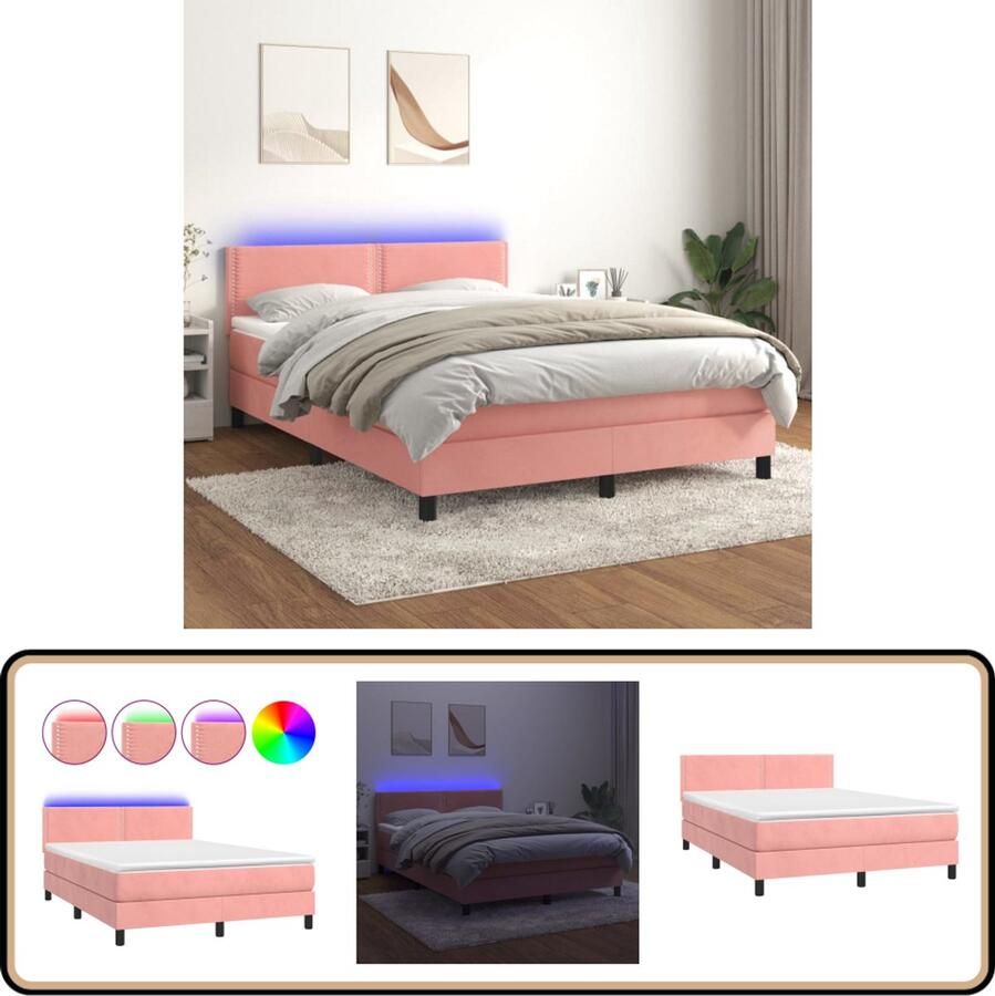 VidaXL Boxspring Fluweel Roze 140x190 cm LED Boxspring Fluweel Bed Roze Bed Led Bed King Size Bed Tweepersoonsbed Slaapcomfort