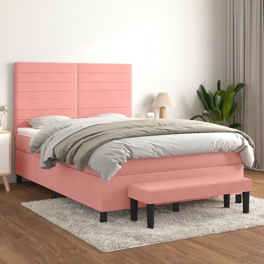 VidaXL Boxspring Fluweel Roze 140x190 cm met Matras Boxspringbed Fluweel Bed Rooskleurig Bed Boxspring Tweepersoonsbed Adjustable Headboard Pocketveer Matras Middenhard Matras Overtreksysteem - Foto 2