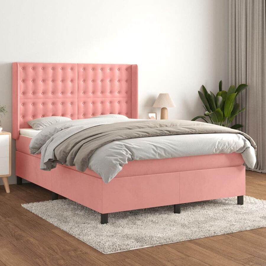 VidaXL Boxspring Fluweel Roze 140x200 cm Boxspring Fluweel Bed Roze Bed Tweepersoons Bed King Size Bed Hoofdbord Matras Overmatras - Foto 2