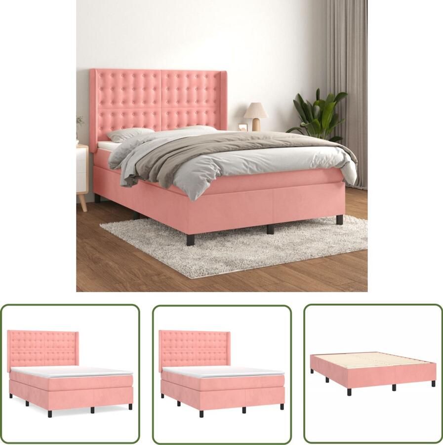 VidaXL Boxspring Fluweel Roze 140x200 cm Boxspring Fluweel Bed Roze Bed Tweepersoons Bed King Size Bed Hoofdbord Matras Overmatras