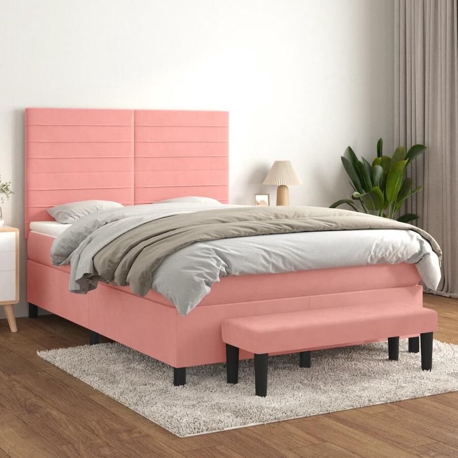 VidaXL Boxspring Fluweel Roze 140x200 cm Boxspring Tweepersoonsbed Rozerood Bed Velvet Bed Pocketed Spring Mattress Middenhard Matras Hoofdbord Multifunctionele Bank